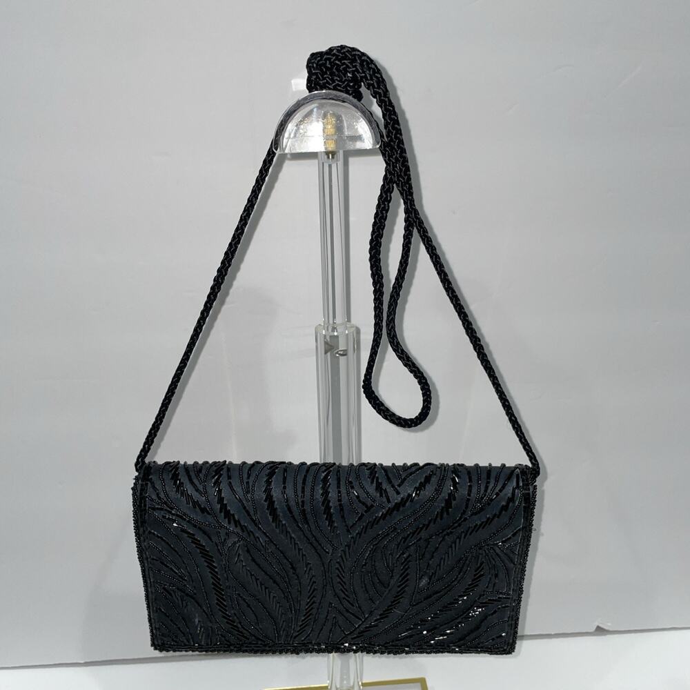 Beaded Evening Clutch Bag Vintage Black Satin with beading Genie Brand